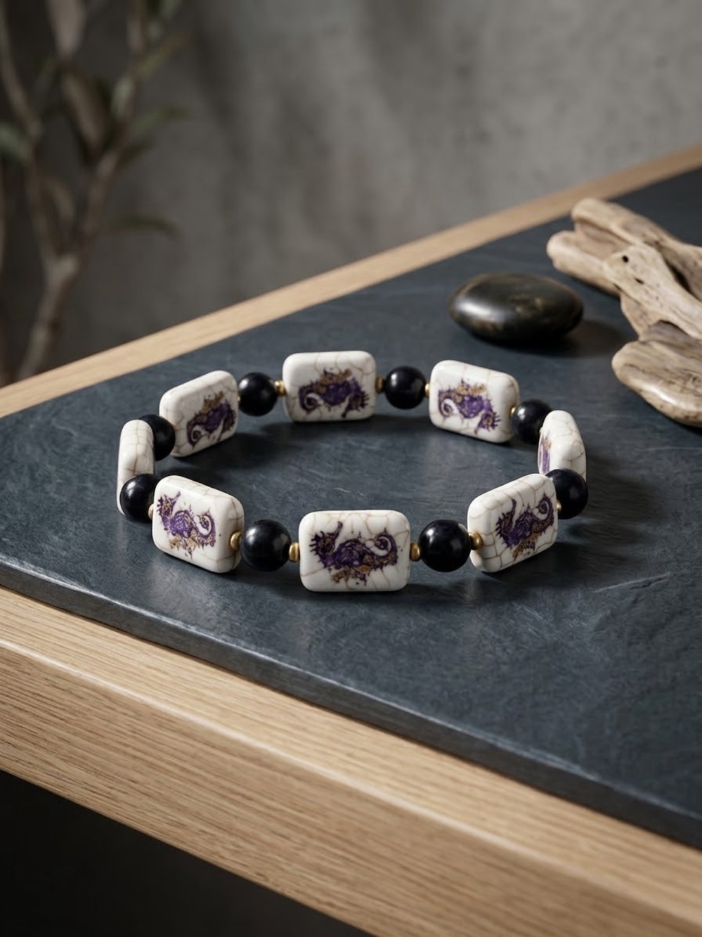 Ceramic Tile Stretch Bracelet with Purple Seahorse Motif